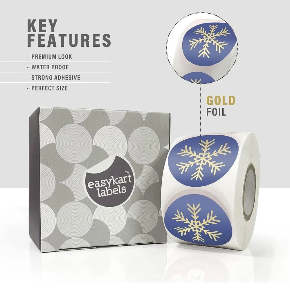 50 ct  Easykart Winter Snowflake Stickers. Blue with Gold foil Design